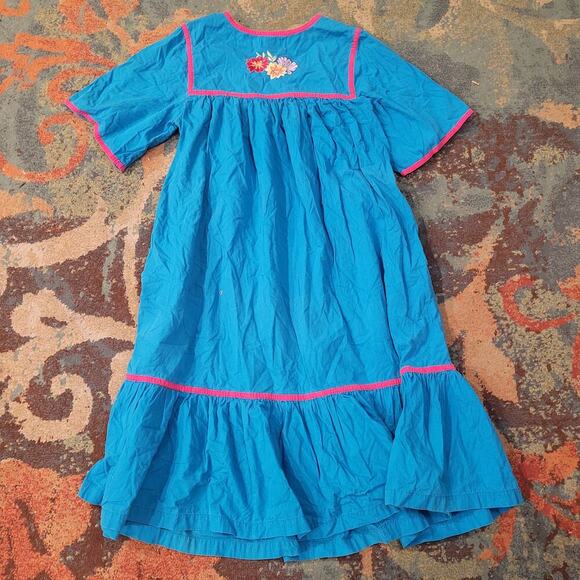 Vintage Womens Bechamel Patio (MuMu) Dress Size M Blue Embroidered Floral Garden - Picture 2 of 6